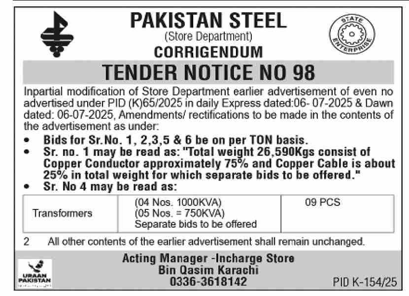 Pakistan Steel Karachi Tender Notice